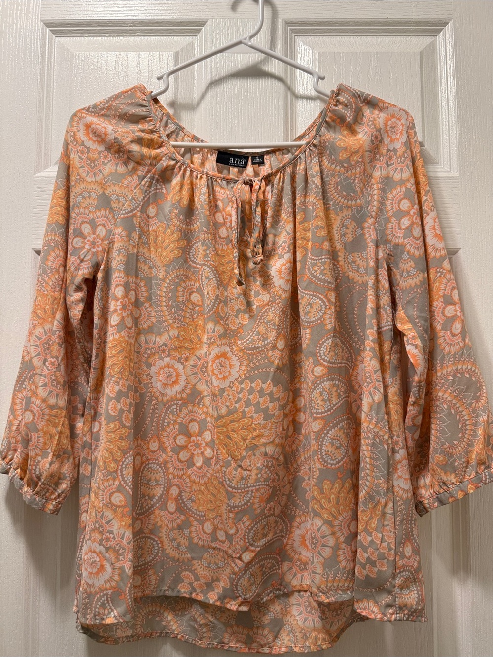 a.n.a Peach and Cream Paisley Tie-Neck Blouse